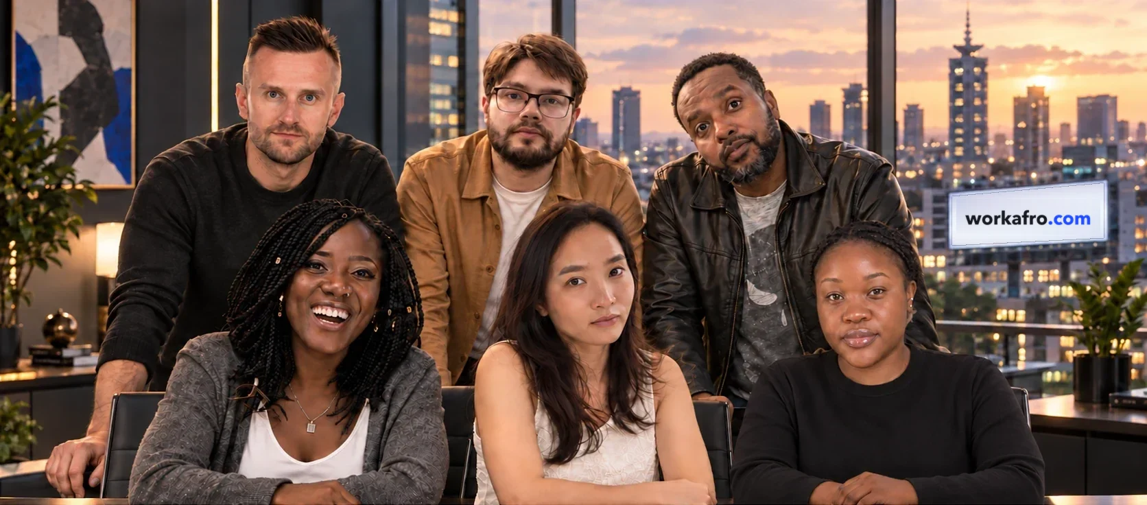 The workafro team: Oleg Cherkas, Dzmitry Zgolich and Victor Kimotho standing, Michelle Masiga, Thu Thuy Do and Nerea Isit seated